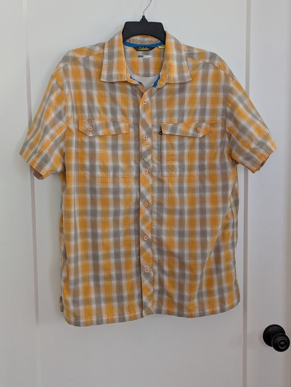 Cabela's Men's Large Coolmax Yellow Plaid Shirt Sleeve Shirt Outdoors Fishing